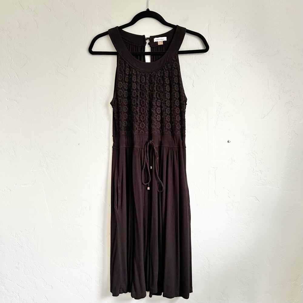Calvin Klein Women Tie Waist Crochet Top Halter Midi Dress Black Size 14 EUC